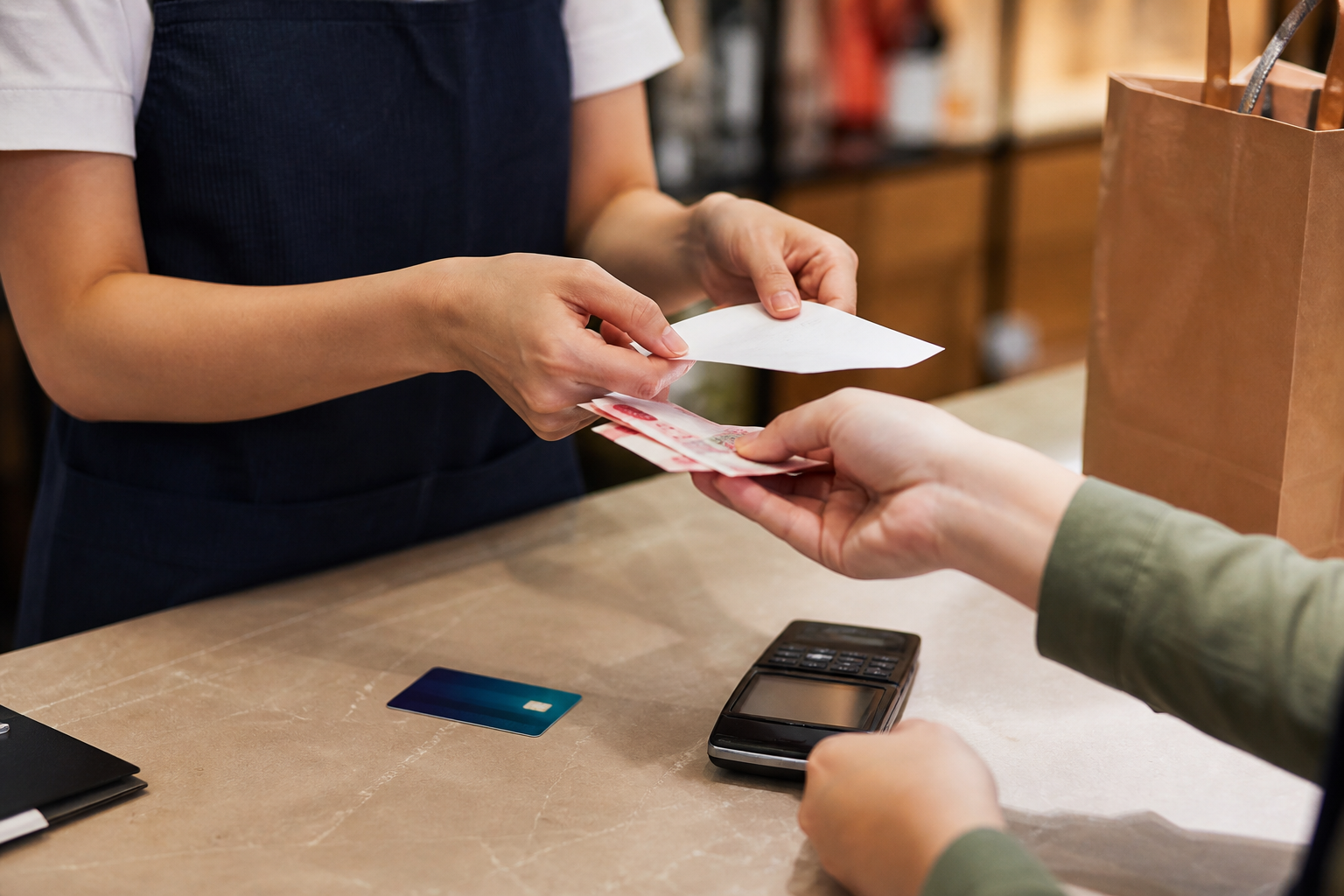 完成購物交易後，當場收購商品並給付現金